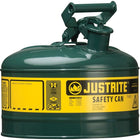Justrite Type I Safety Cans without Funnel, 1 Gal, 9 1/2" x 11", Green-Compliant Type I Safety Cans are designed with a single spout for filling and pouring of all types of flammable liquids