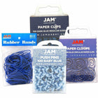 JAM Paper Office Supply Assortment, 1 pack Rubber Bands, Push Pins, Paper Clips, Round Paperclips, Blue, 4/Pack (3224BUOASRT)-Assortment of Four Different Blue Office Supplies