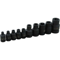 Gray Tools 10 Piece 1/4, 3/8, 1/2" Drive, Female Torx Impact Socket Set, E4-E18-Contains: 1/4" Drive Sizes: E4, E5, E6, E7, E8, 3/8" Drive Sizes: E10, E12, E14, E16 and 1/2" Drive Size: E18.