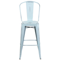 Flash Furniture Commercial Grade 30" High Distressed Green-Blue Metal Indoor-Outdoor Barstool with Back-Set of 4 Bistro Style Bar Stools