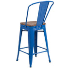Flash Furniture 24" High Metal Counter Height Stool with Back & Wood Seat - Blue-Seat Size: 12"W x 12"D