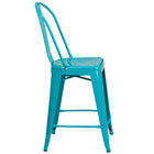 Flash Furniture Commercial Grade 24" High Crystal Teal-Blue Metal Indoor-Outdoor Counter Height Stool with Back-Curved Back with Vertical Slat