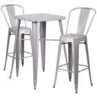 Flash Furniture 23.75" Square Silver Metal Indoor-Outdoor Bar Table Set with 2 Stools with Backs-Bar Height Table and Stool Set
