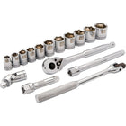 Dynamic Tools 3/8" Drive 16 Piece 6 Point, Standard SAE Socket Set, 3/8" - 1"-Contains: 3/8", 7/16", 1/2", 9/16", 5/8", 11/16", 3/4", 13/16", 7/8", 15/16", 1", 3" Extension, 6" Extension, Universal Joint, 8" Flex Handle, 45 Tooth Chrome Ratchet