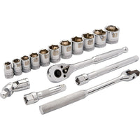 Dynamic Tools 3/8" Drive 16 Piece 6 Point, Standard SAE Socket Set, 3/8" - 1"-Contains: 3/8", 7/16", 1/2", 9/16", 5/8", 11/16", 3/4", 13/16", 7/8", 15/16", 1", 3" Extension, 6" Extension, Universal Joint, 8" Flex Handle, 45 Tooth Chrome Ratchet