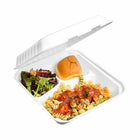 Globe Commercial Products 9" W x 9" D x 3" H Fibre Hinged Lid Bagasse Container - 3 Compartment - 200 Pack-Dimensions: 9" W x 9" D x 3" H
