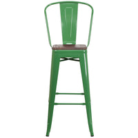 Flash Furniture 30" High Green Metal Barstool with Back & Wood Seat-Set of 4 Bistro Style Bar Stools