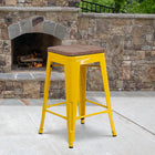 Flash Furniture 24" High Backless Metal Counter Height Stool with Square Wood Seat - Yellow-Textured Walnut Elm Wood Seat