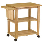 Winsome Kitchen Cart with Cutting Board, Knife Block and Shelves, Natural-Featuring a knife block, a cutting board and two lower storage shelves.  A convenient accessory in the kitchen, on the patio, or anywhere else.