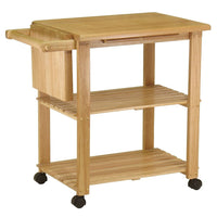 Winsome Kitchen Cart with Cutting Board, Knife Block and Shelves, Natural-Featuring a knife block, a cutting board and two lower storage shelves.  A convenient accessory in the kitchen, on the patio, or anywhere else.
