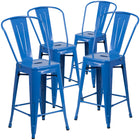 Flash Furniture Commercial Grade 24" High Metal Indoor-Outdoor Counter Height Stool with Back - Blue-Curved Back with Vertical Slat