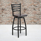 Flash Furniture HERCULES Series Black Ladder Back Swivel Metal Barstool - Walnut Wood Seat - 2 Pack-Swivel Seat