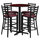 Flash Furniture 30" Round Mahogany Laminate Table Set with X-Base & 4 Ladder Back Metal Barstools - Burgundy Vinyl Seat-Bar Height Table and Stool Set