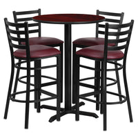 Flash Furniture 30" Round Mahogany Laminate Table Set with X-Base & 4 Ladder Back Metal Barstools - Burgundy Vinyl Seat-Bar Height Table and Stool Set