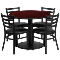 Flash Furniture 36" Round Mahogany Laminate Table Set with Round Base & 4 Ladder Back Metal Chairs - Black Vinyl Seat-Table and Chair Set