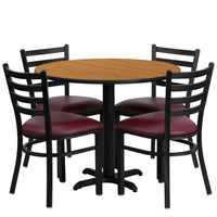 Flash Furniture 36" Round Natural Laminate Table Set with X-Base & 4 Ladder Back Metal Chairs - Burgundy Vinyl Seat-Table and Chair Set