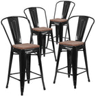 Flash Furniture 24" High Black Metal Counter Height Stool with Back & Wood Seat-Set of 4 Bistro Style Counter Stools
