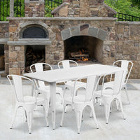 Flash Furniture 31.5'' x 63'' Rectangular White Metal Indoor-Outdoor Table Set with 6 Stack Chairs (ET-CT005-6-30-WH-GG)-Galvanized Steel, Metal, Rubber