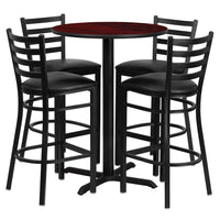 Flash Furniture 30" Round Mahogany Laminate Table Set with X-Base & 4 Ladder Back Metal Barstools - Black Vinyl Seat-Bar Height Table and Stool Set