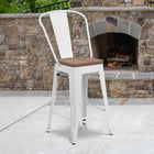 Flash Furniture - Tabouret à hauteur de comptoir de 24 po en métal blanc avec dossier et siège en bois-Conception légère avec appui-pieds