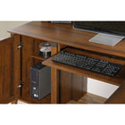 Sauder 66"W Carson Forge Corner Computer Desk - Washington Cherry-Features of this office desk include:   Slide-out keyboard/mouse shelf with metal runners and safety stops