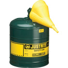 Justrite Type I Safety Cans with Funnel, 5 Gal." x 11 3/4" x 16 7/8", Green-Compliant Type I Safety Cans are designed with a single spout for filling and pouring of all types of flammable liquids