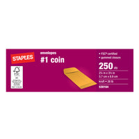 Staples #1 Kraft Coin Envelopes with Gummed Flaps - 2-1/4" x 3-1/2" - Brown - 250 Pack-Currency envelope keeps your small items from getting lost or damaged