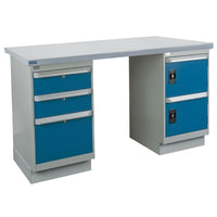 Kleton Workbench, Wood Filled Steel Top, 2 Pedestals and 3 Drawers and 2 Doors, 36"W x 72"L x 34"H-34" overall height