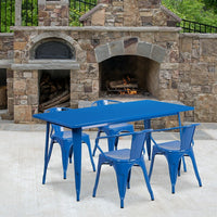 Flash Furniture – Table rectangulaire de 31,5 x 63 po en métal bleu et 4 fauteuils, intérieur/extérieur (ET-CT005-4-70-BL-GG)-Acier galvanisé, métal, caoutchouc