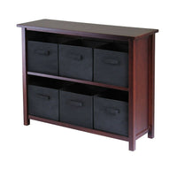 Winsome Verona 2-Section W Storage Shelf with 6 Foldable Black Fabric Baskets, Antique Walnut-This storage shelf comes with 6 foldable black fabric baskets.