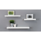 nexxt Maine Wall Shelf, Set of 3, 5" Deep Wall Ledges, 12", 16" & 24", White-Measurement and weight capacity: the small floating shelf measures 24"L x 5"W x 1.5"H and holds up to 5 pounds, the medium measures 16"L x 5"W x 1.5"H and holds up to 8 pounds, and the large one measures 12"L x 5"W x 1.5"H in dimensions and holds up to 10 pounds