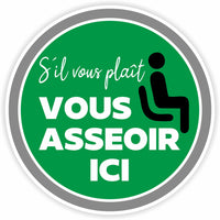 Eddie's Vinyl "Veuillez vous asseoir ici" Social Distancing Decal - Green - 7.5" Diameter - French-Easy to understand graphics and messaging