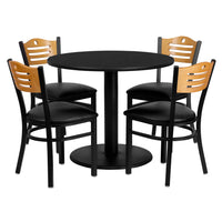 Flash Furniture 36" Round Black Laminate Table Set with 4 Wood Slat Back Metal Chairs - Black Vinyl Seat-Table and Chair Set