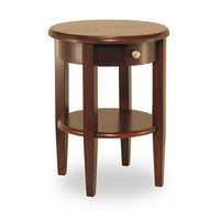 Winsome Concord Round End Table With Drawer/Shelf, Antique Walnut-Beautiful walnut finish round end table with tapered legs.  Drawer has satin nickel knob, shelf for storing d&eacute;cor.  Match with End Table (94217), Side Table (94220), Half Moon Hall Table with shelf (94039) or Half Moon Table (94132) collection.
