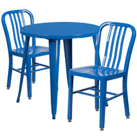 30'' Round Blue Metal Indoor-Outdoor Table Set with 2 Vertical Slat Back Chairs [CH-51090TH-2-18VRT-BL-GG]-Metal Cafe Table