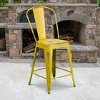 Flash Furniture 24" High Distressed Metal Indoor-Outdoor Counter Height Stool with Back - Yellow-Seat Size: 14''W x 14''D