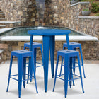 30'' Round Blue Metal Indoor-Outdoor Bar Table Set with 4 Square Seat Backless Barstools (CH-51090BH-4-30SQST-BL-GG)-30"W x 30"D x 41"H