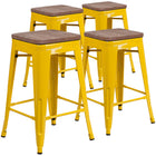 Flash Furniture 24" High Backless Metal Counter Height Stool with Square Wood Seat - Yellow-Set of 4 Stackable Industrial Style Modern Stools