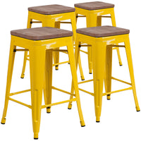Flash Furniture 24" High Backless Metal Counter Height Stool with Square Wood Seat - Yellow-Set of 4 Stackable Industrial Style Modern Stools