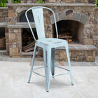 Tabouret à hauteur de comptoir pour l'intérieur et l'extérieur de 24 po haut. en métal vert-bleu vieilli avec dossier-Patins en caoutchouc protecteur de plancher