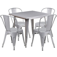 Flash Furniture – Table carrée en métal 31,5 po et 4 chaises empilables, int/ext, argenté (ET-CT002-4-30-SIL-GG)-Acier galvanisé, métal, caoutchouc