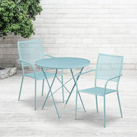 30'' Round Sky Blue Indoor-Outdoor Steel Folding Patio Table Set with 2 Square Back Chairs [CO-30RDF-02CHR2-SKY-GG]-Set Includes Folding Table and 2 Chairs