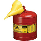 Justrite Type I Safety Cans with Funnel, 2.5 Gal, 11 3/4" x 11 1/2", Red-Compliant Type I Safety Cans are designed with a single spout for filling and pouring of all types of flammable liquids