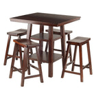 Winsome Orlando 5-Piece Set High Table with Saddle Seat Stools, (94548)-Solid wood in Walnut finish
