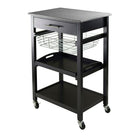Winsome Julia – Chariot utilitaire, noir-Le chariot de Julia comprend un dessus en granite facile à nettoyer et de nombreuses fonctions.  Le chariot comprend un tiroir, un panier en métal pliable, un plateau de service amovible, une tablette fixe dans le bas et est offert sur roulettes pour plus de mobilité.  La taille globale du chariot est 34,13 po de haut. x 22,68 larg. x 16,06 prof. La taille du dessus du granite est de 22,68 larg. x 15,75 prof. Le tiroir intérieur est de 2,4 po haut. x 17.80 larg. x 12