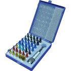 Gray Tools – Ensemble 36 pièces d’outils rapportés dans un étui en métal, inclus le porte-mèches aimanté-Comprend : Mèches hexagonales no : Mèches cruciformes no : 1/8, 3/16, 5/32, 7/32, 9/64 (po) ainsi que 2, 3, 4, 5, et 6 mm 1 (3), no 2 (5), no 3 (2), mèches à tête carrée creuse : no 0 (1), no 1 (2), no 2 (5), no 3 (2), mèches plates : 4, 5, 6, 8, 10 et porte-mèche aimanté à déclenchement rapide.