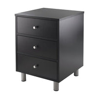 Winsome Daniel Accent Table With 3 Drawers, Black-Perfect table for your night time essentials with three Drawers and stylish for your bedroom.  Black with metal accents.  Overall table size 15.75" W. x 16.16" D. x 22" H.  Top dimension is 15.75" W. x 15.75" D. and inside Drawer is 12.75" W. x 13.60" D. x 4.3" H.   Floor clearance is 4".  Black veneer on composite wood.  Assembly required.