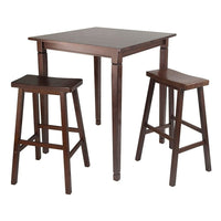 Winsome 3-piece Kingsgate High/Pub Dining Table With Saddle Stools, Antique Walnut-3pc Set includes Kingsgate High Table features grooved detailing on four legs and Saddle Seat Stool. Constructed from Solid wood in Antique Walnut Finish. Perfect for any kitchen.