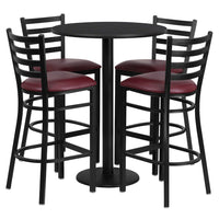 Flash Furniture 30" Round Black Laminate Table Set with Round Base & 4 Ladder Back Metal Barstools - Burgundy Vinyl Seat-Bar Height Table and Stool Set