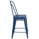 Flash Furniture 24" High Distressed Antique Blue Metal Indoor-Outdoor Counter Height Stool with Back-Curved Back with Vertical Slat